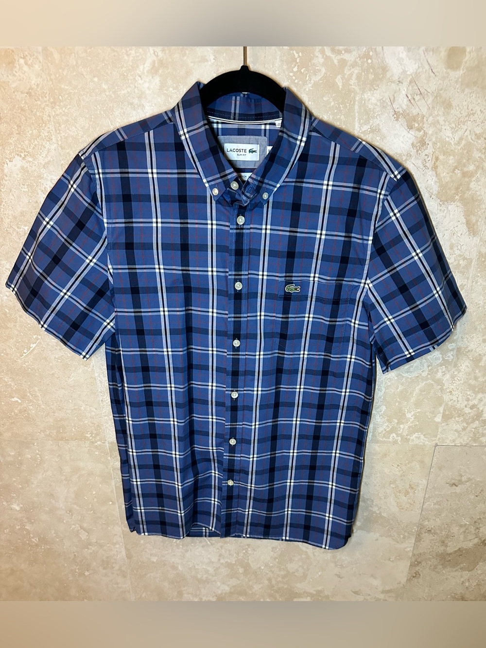 Lacoste Blue Plaid Short-Sleeve Button-Down Shirt